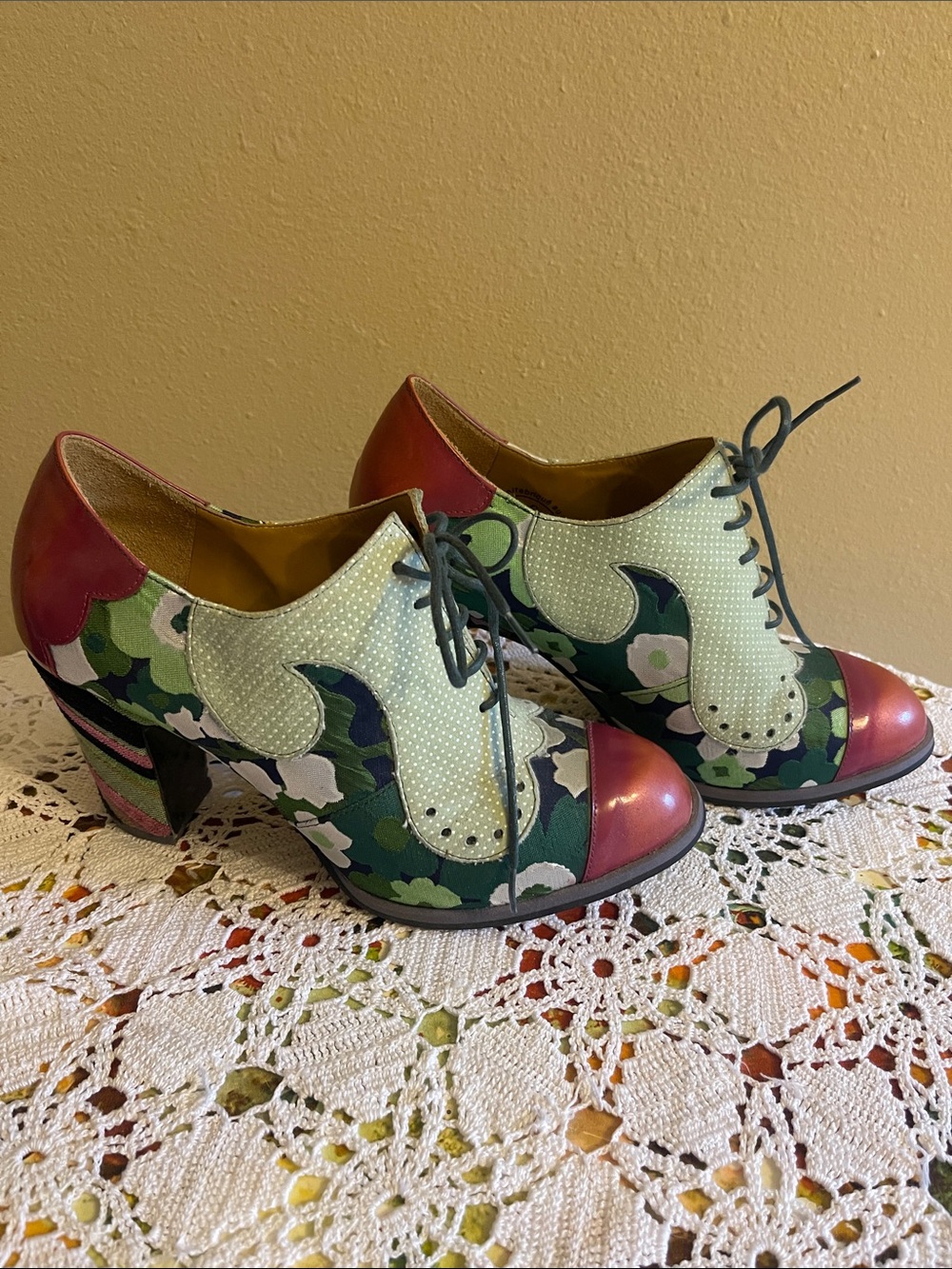 John Fluevog Multicolor Floral Lace-Up Heels with Red Metallic Toe - Picture 5 of 7